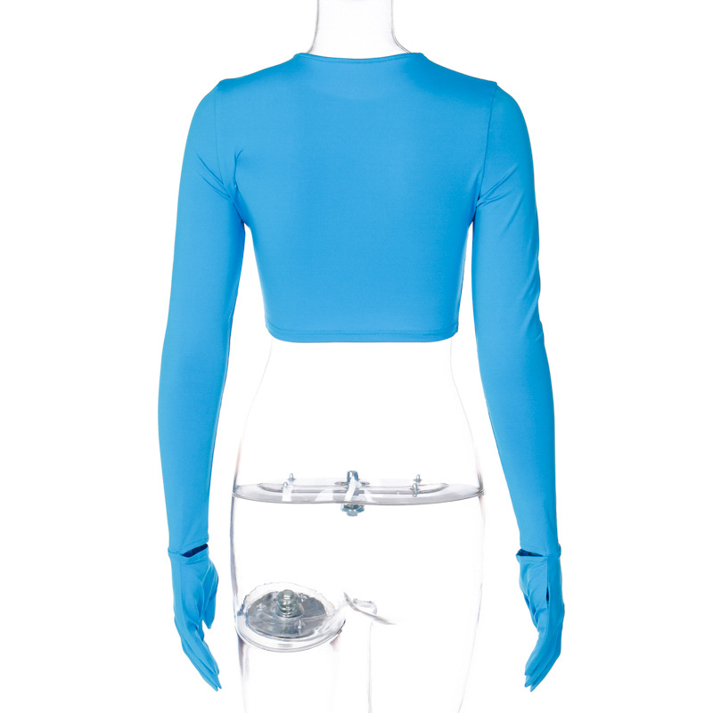 Damen 2024 Sommer Neue Mode Einfarbig Slim Fit Offene Nabelschnur Rundhals Langarm Handschuh T-Shirt Top_voghion.com