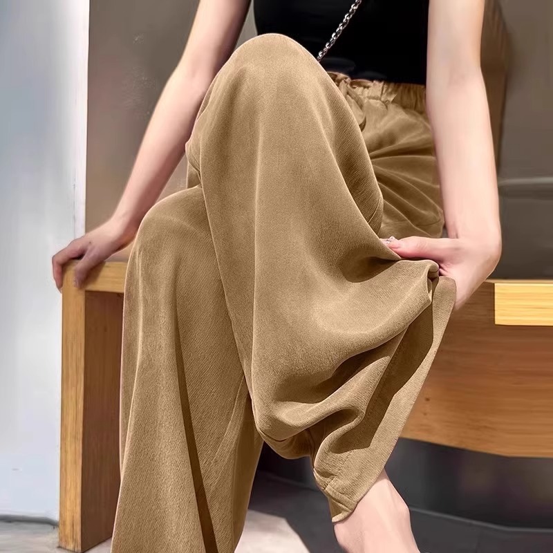 オレンジキュプラシルクワイドレッグパンツ女性のための 2025 夏の新しいファッション気質酢酸アイスシルクカジュアルパンツルーズで透明|undefined