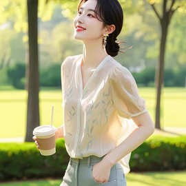短袖V领雪纺衬衫女2026夏季新款减龄宽松衬衣国风新中式女装夏