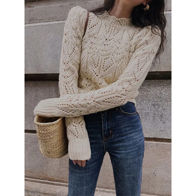 Cross-border French Heavy Industry Hollow Crochet Knitted Air Conditioning Shirt Women's Spring and Autumn New Fashion All-match European and American Wool Sweater