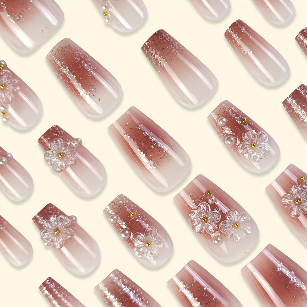 Polvo marrón de perla de flores de manicura suave polvo de brillo de hadas para usar uñas cortas 24 piezas de parche de uñas terminado