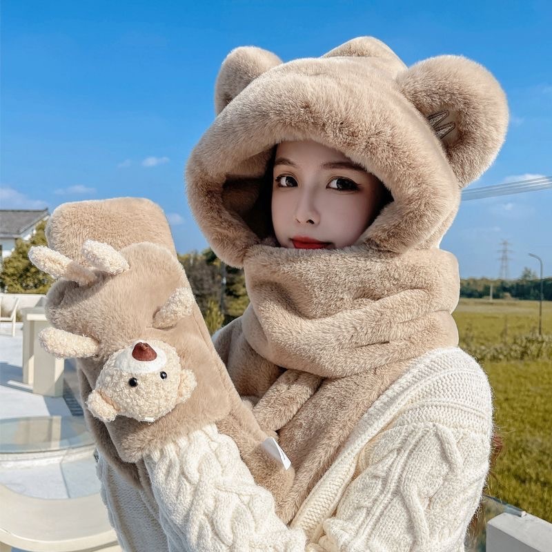 新款可爱毛绒保暖秋冬护耳帽子一体小熊冬季帽子围巾手套三件套女|undefined
