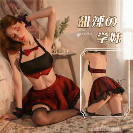 纯欲风女仆制服套装红色挂脖吊带裙蕾丝边百褶短裙性感可爱日系风