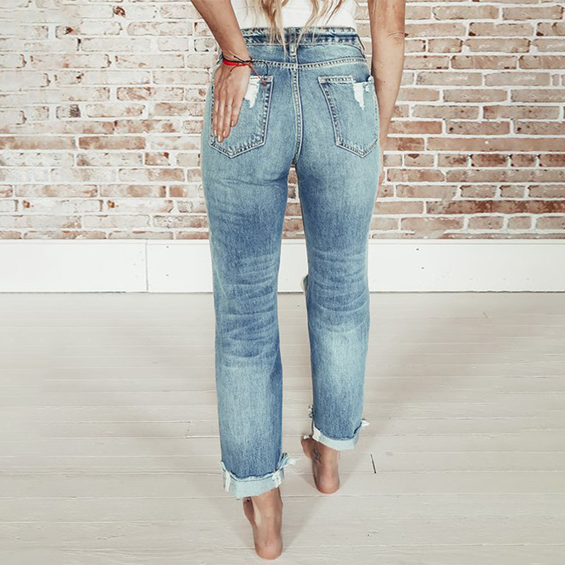 时颖跨境磨皮破洞长裤女亚马逊夏季新款浅色高腰休闲牛仔裤女批发