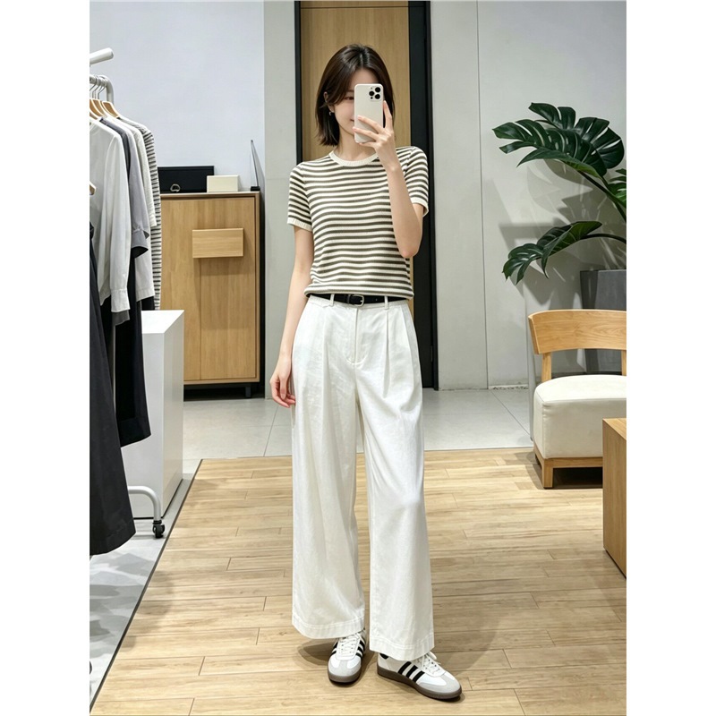 MM wheat series 2026 new summer style light coffee and paper yarn breathable right shoulder short-sleeved sweater for women 5H5932152 5