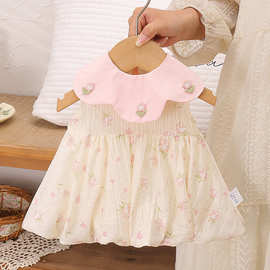 韩系新生婴儿衣服碎花裙子女宝宝花瓣领满月百天礼服裙夏季包屁衣