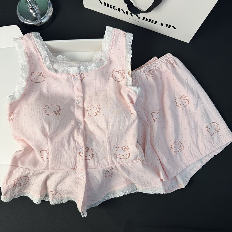 Verano cómodo nube algodón pijama de mujer impresión rosa pantalones cortos de mangas voladores con cojín de pecho dormitorio ropa casera