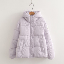 25098 日系学院风减龄袖子圆标连帽小个子棉衣棉服女糖果色面包服