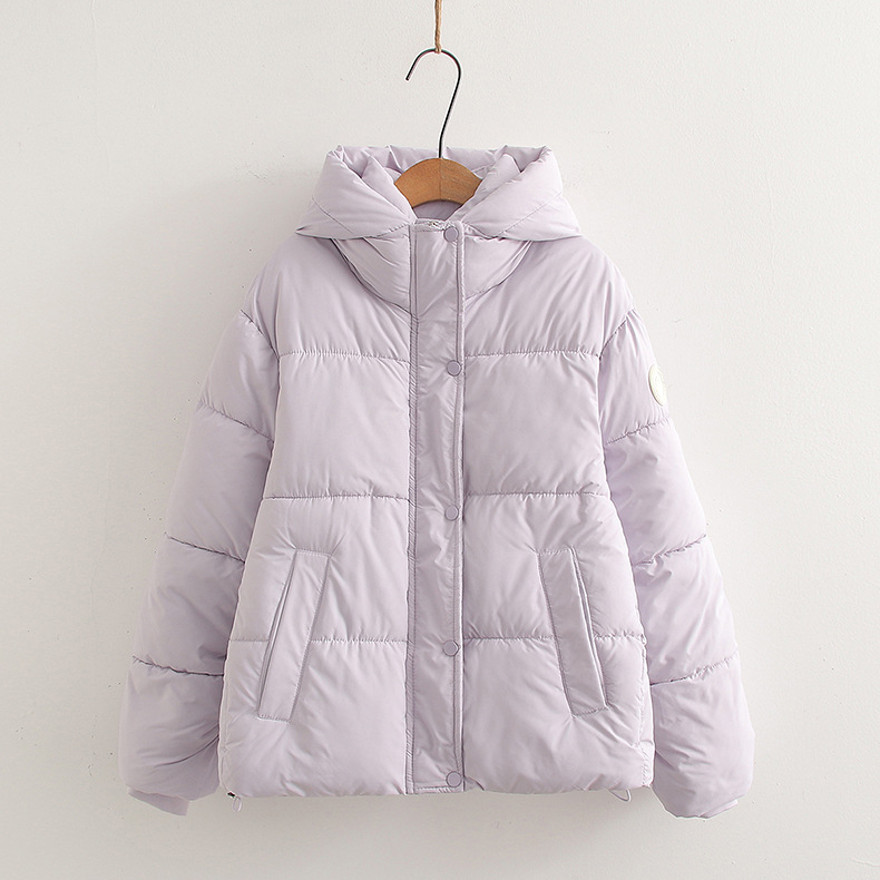 25098 日系学院风减龄袖子圆标连帽小个子棉衣棉服女糖果色面包服