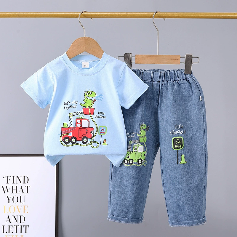 Летний детский denim комплект, мультяшные джинсы, с коротким рукавом, комплект из 2 предметов, 0-5 лет