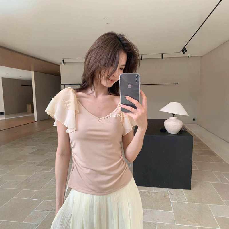 Hers Sweet Summer French Retro Style Lace Patchwork Versatile Slimming V-Neck Ruffle Sleeve Blouse 80698
