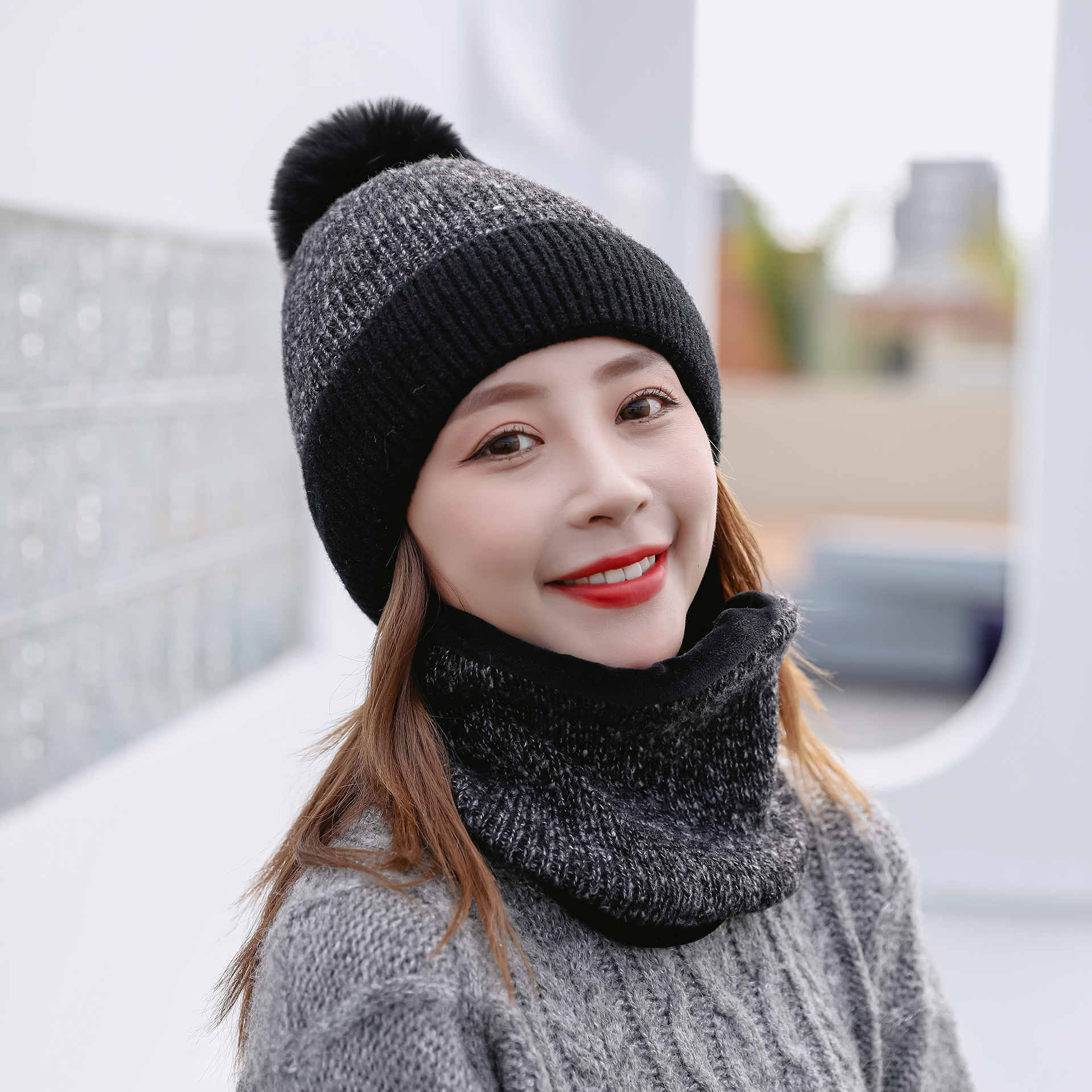 Estilo coreano sombrero bufanda conjunto de dos piezas de lana de las mujeres forrado de punto sombrero de lana sombrero de protección del oído cálido otoño e invierno Jersey sombrero de invierno de moda image 3
