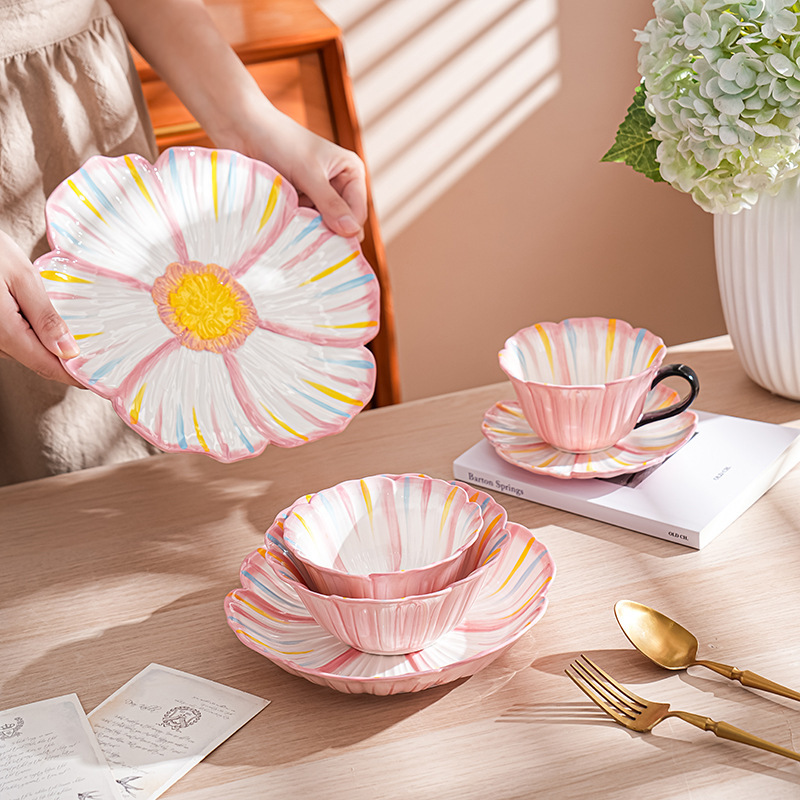 Japanese-Style Hand-Painted Bowls and Plates Home Set Ceramic New Heavy Relief Flower Tableware Chinese Retro Underglaze Color Plate