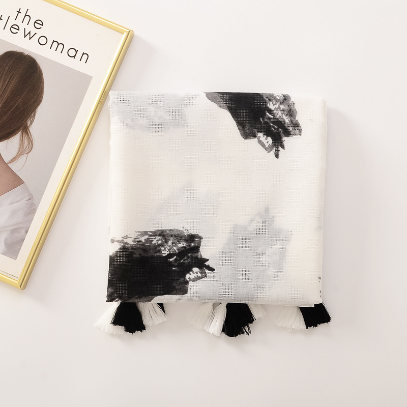 Elegante artístico fondo blanco negro mano pintura bufanda suave algodón y lino sensación seda bufanda viaje decorativo chal Toalla de playa