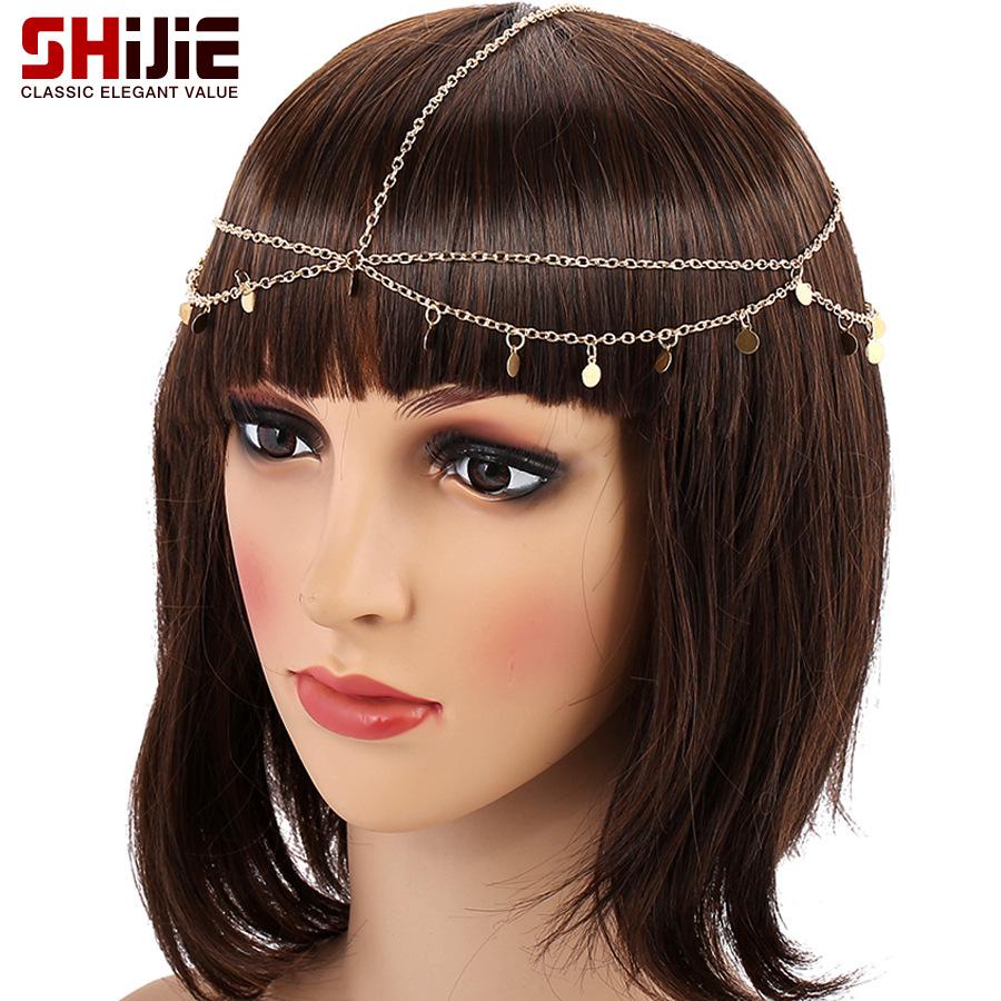 Fashionable golden wavy headband with tassels for bride
