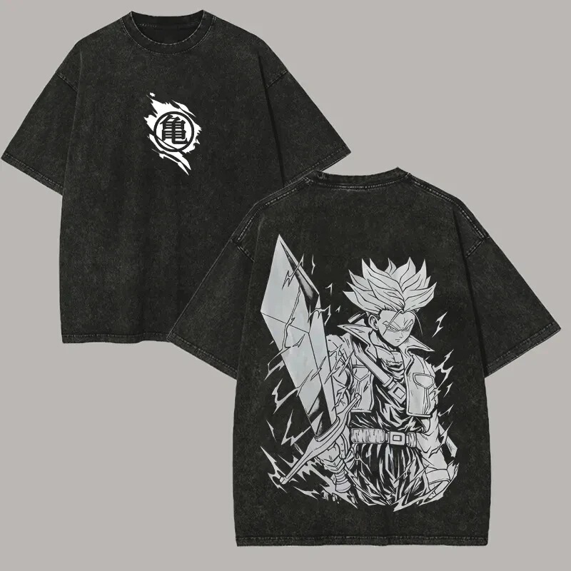 European Size Cross-Border T-Shirt for Men, Vintage Washed Oversized Cotton, Futuristic Sword Chinese Character Manga Anime T-Shirt