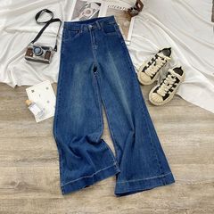 2024年に弾力的にズボンのデザイン感を引きずったレトロな青い足のジーパンの小さい女性の秋冬のタイプは腰が高くてやせています。