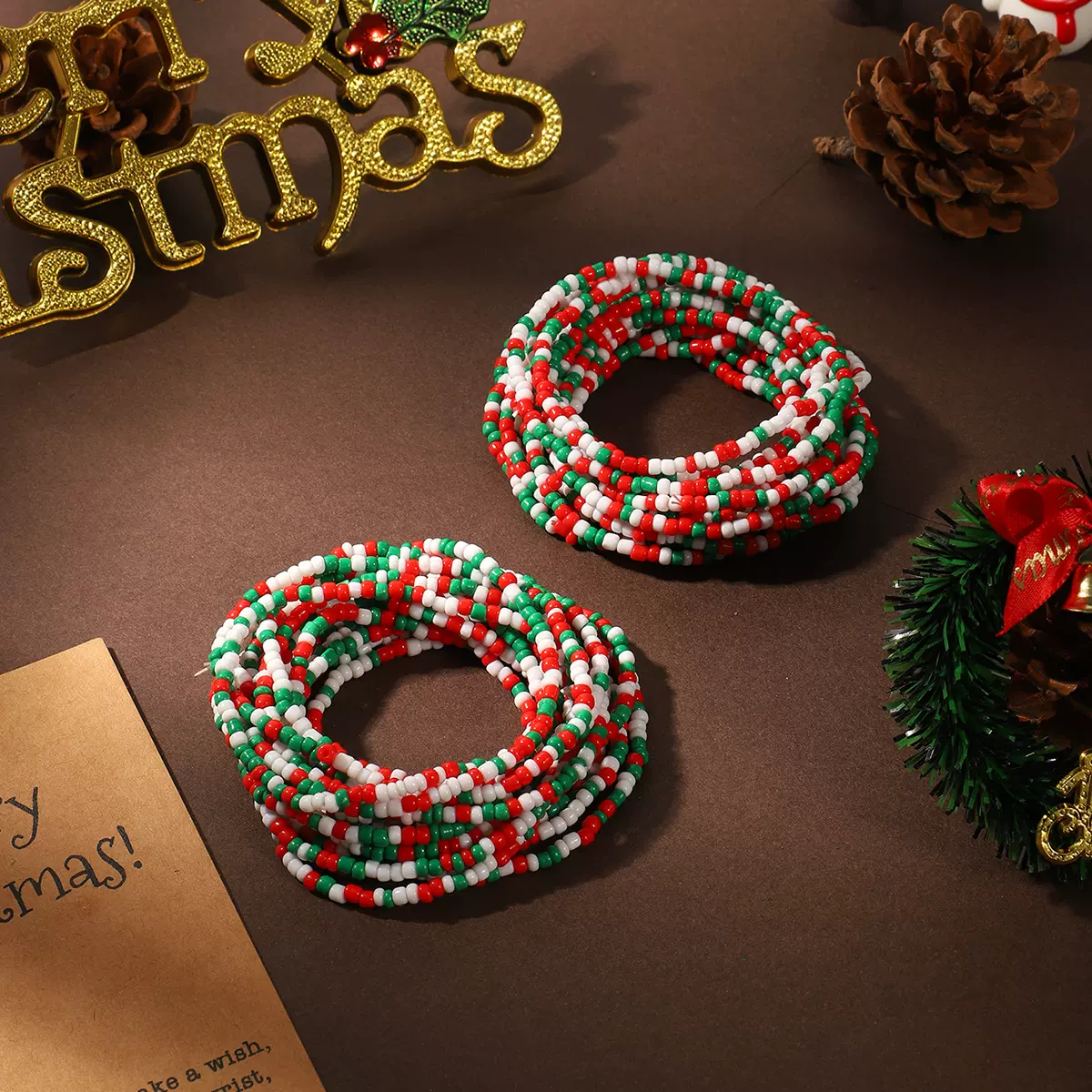 TEMU欧美圣诞节米珠混色红白蓝弹性手串可堆叠颜色可选择