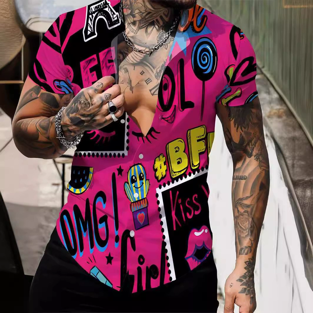 Мужская 3D печать мода с коротким рукавом с v-образным вырезом рубашка, мужская летняя одежда, повседневная графика топ,