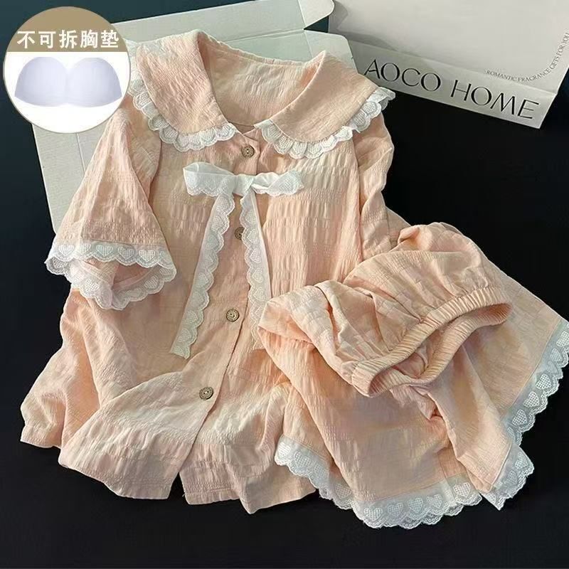 Princess Style Pajamas for Women, Summer Doll Collar, Cute and Sweet, with Breast Pads, Lace Trim, Loose Fit, Sweet Set for Girls