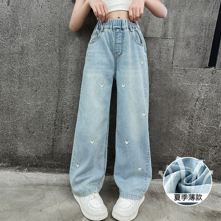 Summer Denim Trousers for Teen Girls, Loose Straight Fit, Thin Breathable Tencel Hearts