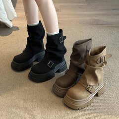 美拉德厚底裤管靴女2025秋冬新款小个子瘦瘦马丁靴皮带扣堆堆短靴