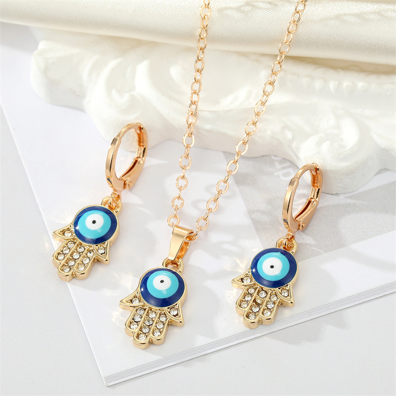 Alloy Diamond Drop Oil Devil's Eye Fatima's Hand Earring Necklace Set display picture 4