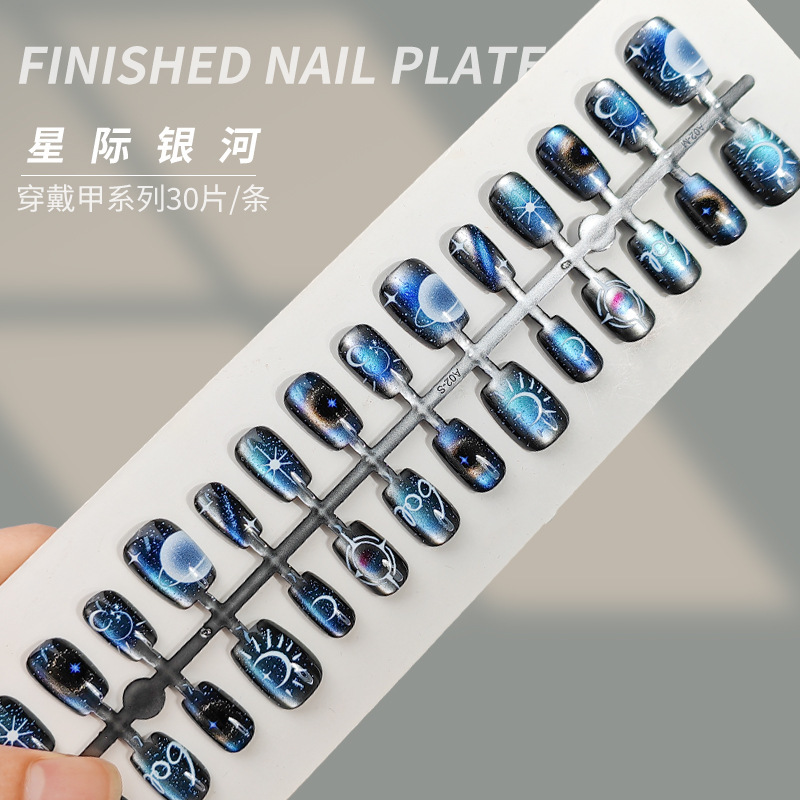 [Interstellar Galaxy] Short Sci-Fi Universe Planet Moon Cat Eye Wearable Nails Black Personalized Pre-Made Nails Wholesale