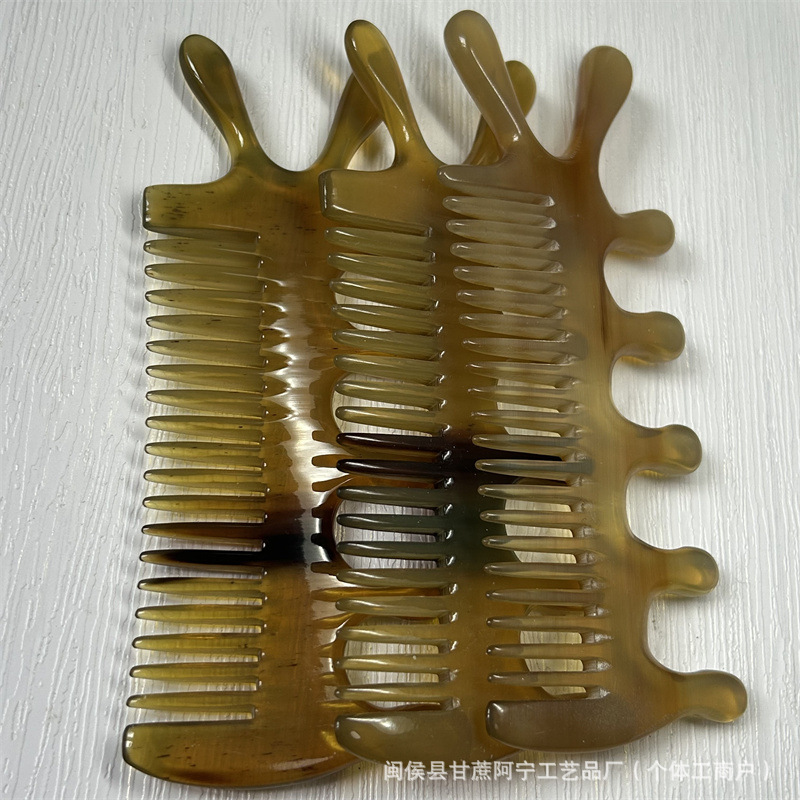 Natural Horn Comb Double Sided Five Tooth Scalp Massage Comb Head Meridian Gua Sha Style 10-15CM specifications