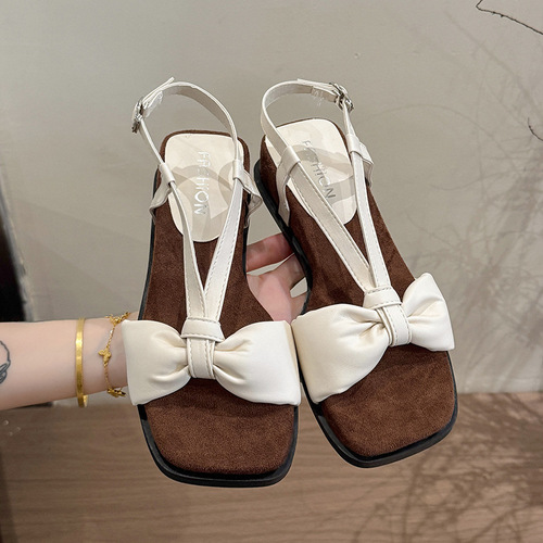Sole sandal for beach wear, trendy summer match, retro heel, women's butterfly knot, external Roman, new literary style, open-toe