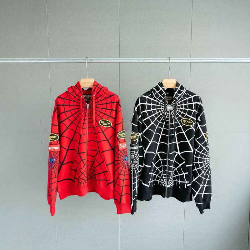 Cross-Border High-Quality Sup × Van American-Style Trendy Brand Unisex Loose-Fitting Spider-Pattern Zip-Up Hooded Sweatshirt Cross-Border High-Quality Sup × Van American-Style Trendy Brand Unisex Loose-Fitting Spider-Pattern Zip-Up Hooded Sweatshirt