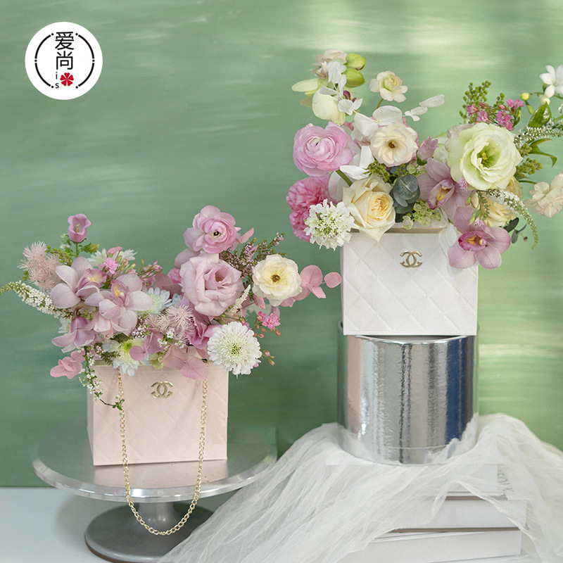 七夕真香袋折叠花盒花艺盒子包装材料花束插花粉色鲜花手提袋