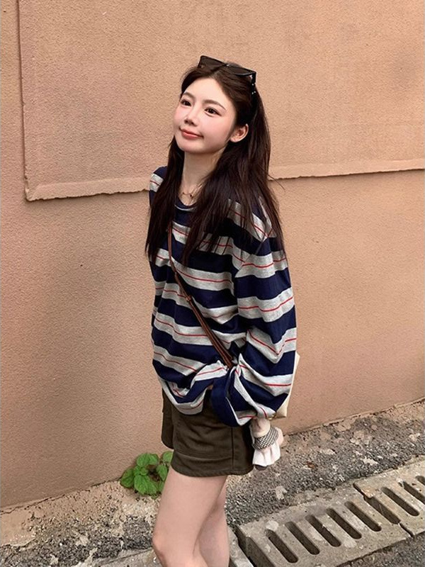 韩系蓝色条纹休闲防晒长袖T恤女夏季宽松慵懒风外搭薄款罩衫上衣|undefined