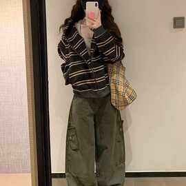 美式复古拼接条纹开衫拉链卫衣女秋季宽松设计感显瘦百搭慵懒外套
