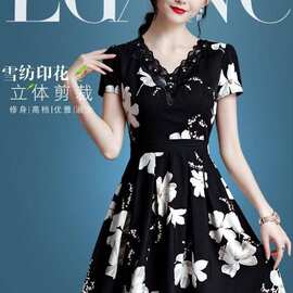 连裙依女气质短岫夏季女装系带修身收腰印花领夏裙显瘦