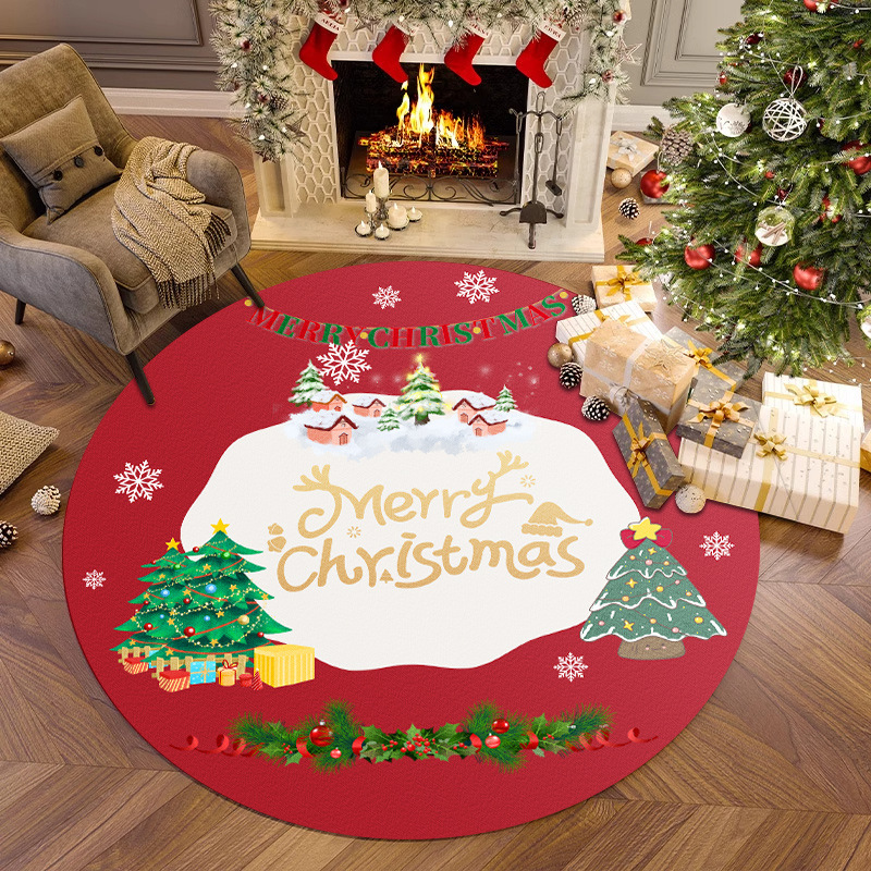 跨境圣诞地毯圆形圣诞树垫子喜庆氛围红色地毯卧室装饰布置脚垫