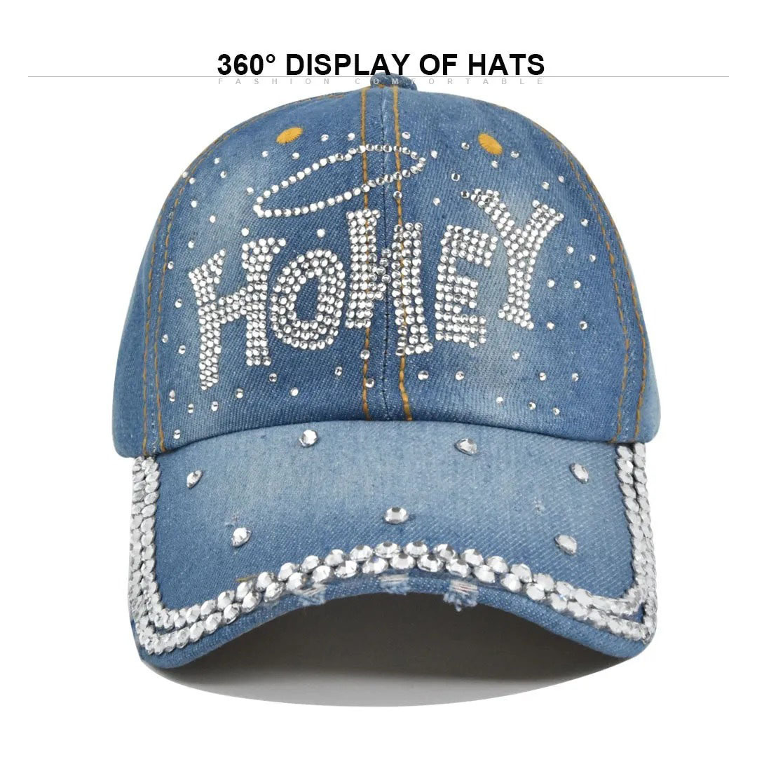 Gorra de béisbol con patrón de diamantes de imitación, gorra de vaquero, hebilla trasera, gorra de cerveza ajustable, más con gorra de protección solar para exteriores