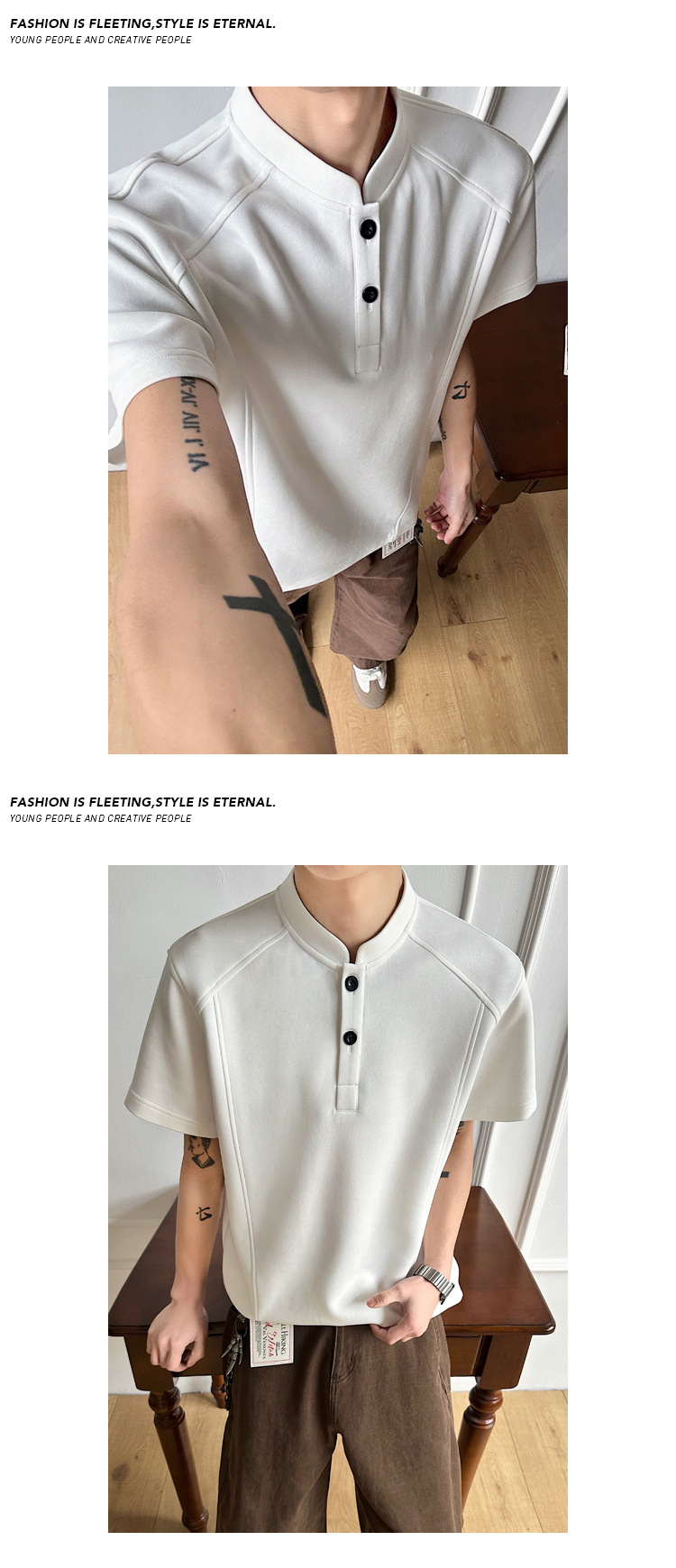 T-shirt da uomo high street con collo alla coreana casual top_voghion.com