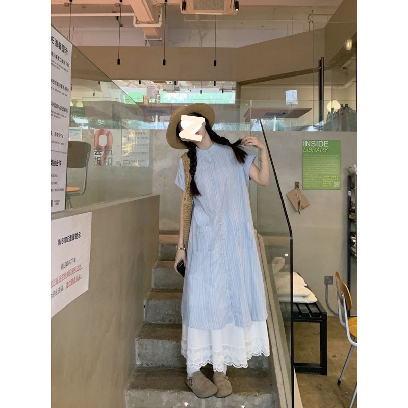蓝色条纹短袖衬衫连衣裙女夏季2025新款韩系宽松中长款叠穿两件套|undefined