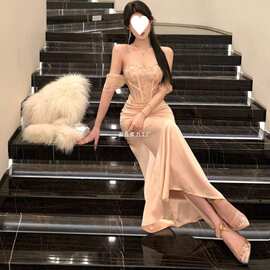 辣妹高级感一字肩蕾丝拼接晚礼服连衣裙2026夏秋新款法式裙子潮女