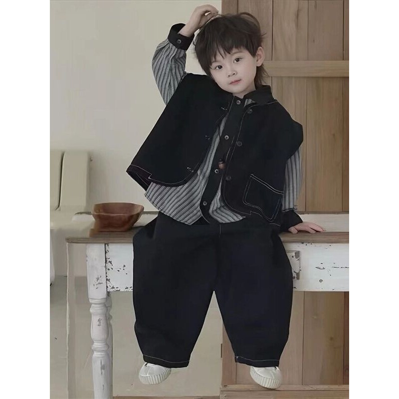 儿童秋季套装2025秋季新款男童韩版帅气衬衫牛仔坎肩牛仔裤三件套|undefined