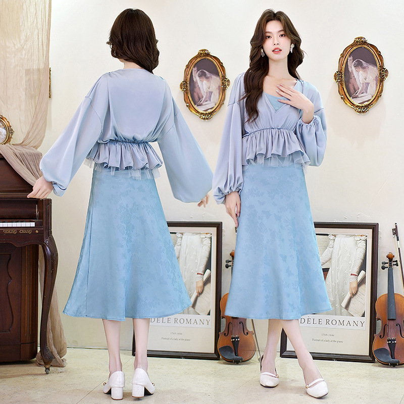 实拍复古法式港式风防晒衫+双层吊带提花连衣裙限套装价+