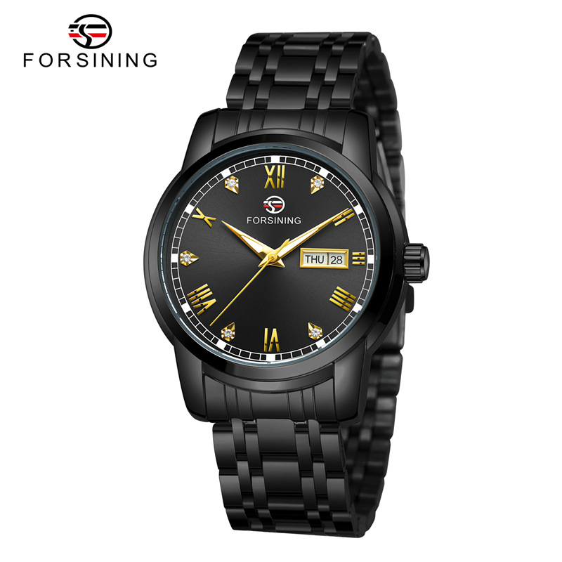 Forsining Fusini 8221 correa de acero reloj casual para hombres reloj mecánico automático calendario semana reloj