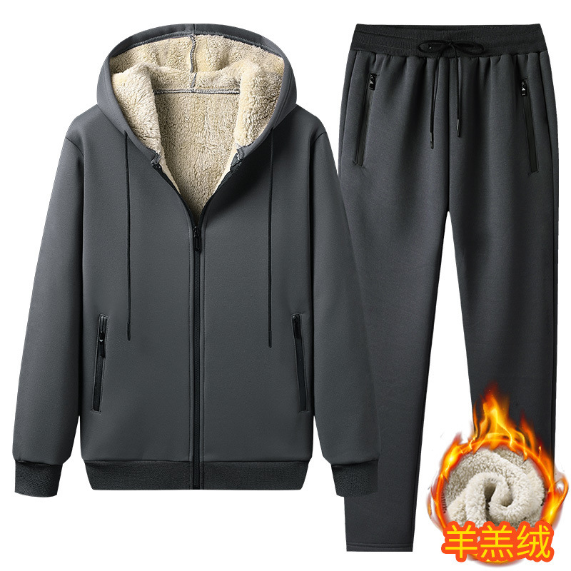 Trajes de invierno transfronterizos de cordero de gran tamaño, traje de cachemira para hombres, traje de ocio deportivo de cachemira grueso, chaqueta con capuzas para hombres, pantalones para hombres