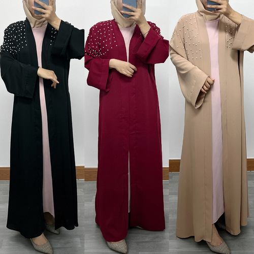 F949 Women's Long Dress Abaya, Middle Eastern Dubai, Pearl-embellished, Plus Size Open Cardigan Robe