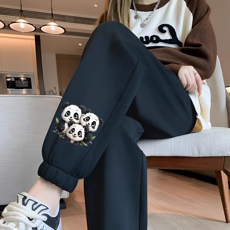 세 마리의 팬더 레깅스가 달린 얇은 검은색 바지