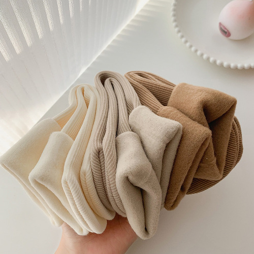 Cashmere snow socks for women mid-calf autumn and winter thick long vertical strips plus velvet confinement socks warm floor socks