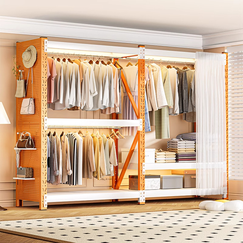 Perchas para estantes para el hogar, montajes simples, perchas abiertas, estantes de acero, cortinas a prueba de polvo, estantes de almacenamiento multicapa