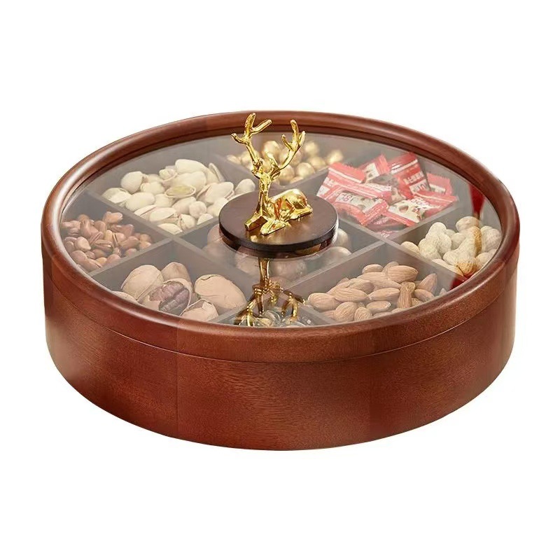 Madera sólida de lujo ligera bandeja de frutas secas caja de dulces de estilo chino caja de almacenamiento de nueces mesa de té de sala de estar casera bandeja de almacenamiento de bocadillos de madera
