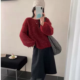 韩系温柔慵懒风圆领亮片羊毛衫女秋冬宽松显瘦长袖针织衫高级感
